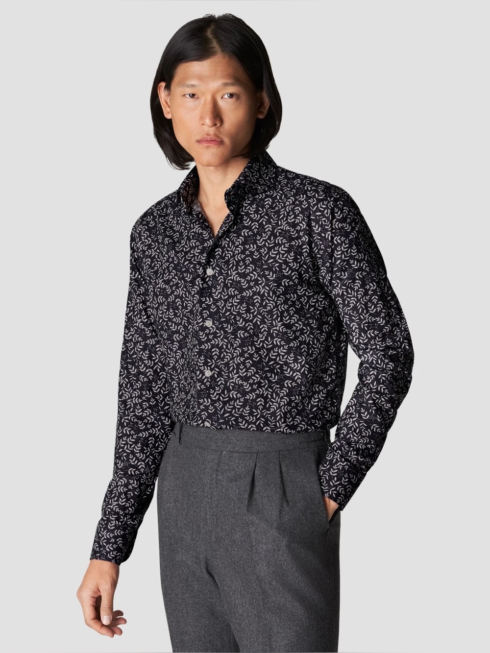Eton Black Button-Down Shirt with Light Gray Leaf Pattern